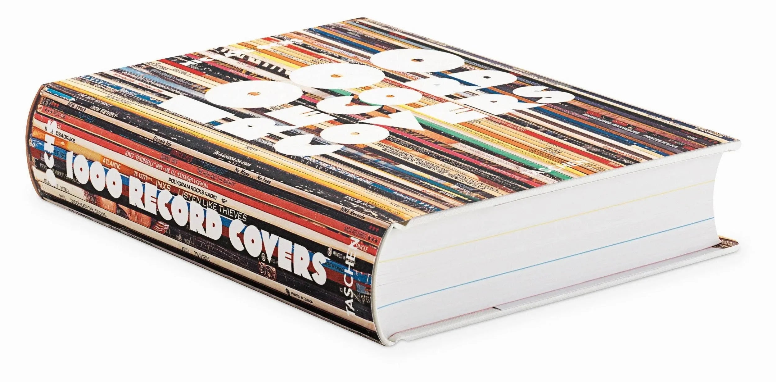 Book with a colorful cover featuring record album covers and text on a white background