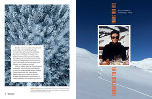 Aerial view of snow-covered pine trees on left, woman dining outdoors in snowy mountains on right