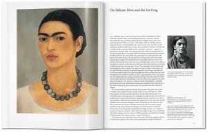 Open book featuring Frida Kahlo Self-Portrait with Necklace painting on left page and biographical text with black and white portrait on right page