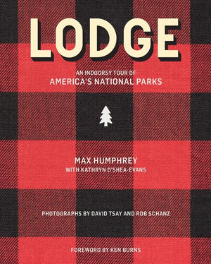 Lodge book cover with bold title on red and black plaid background, front view