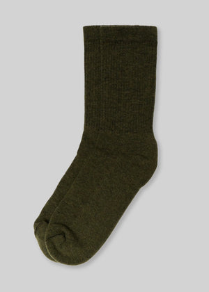 Olive green socks front view, crew length, plain knit, product image on gray background