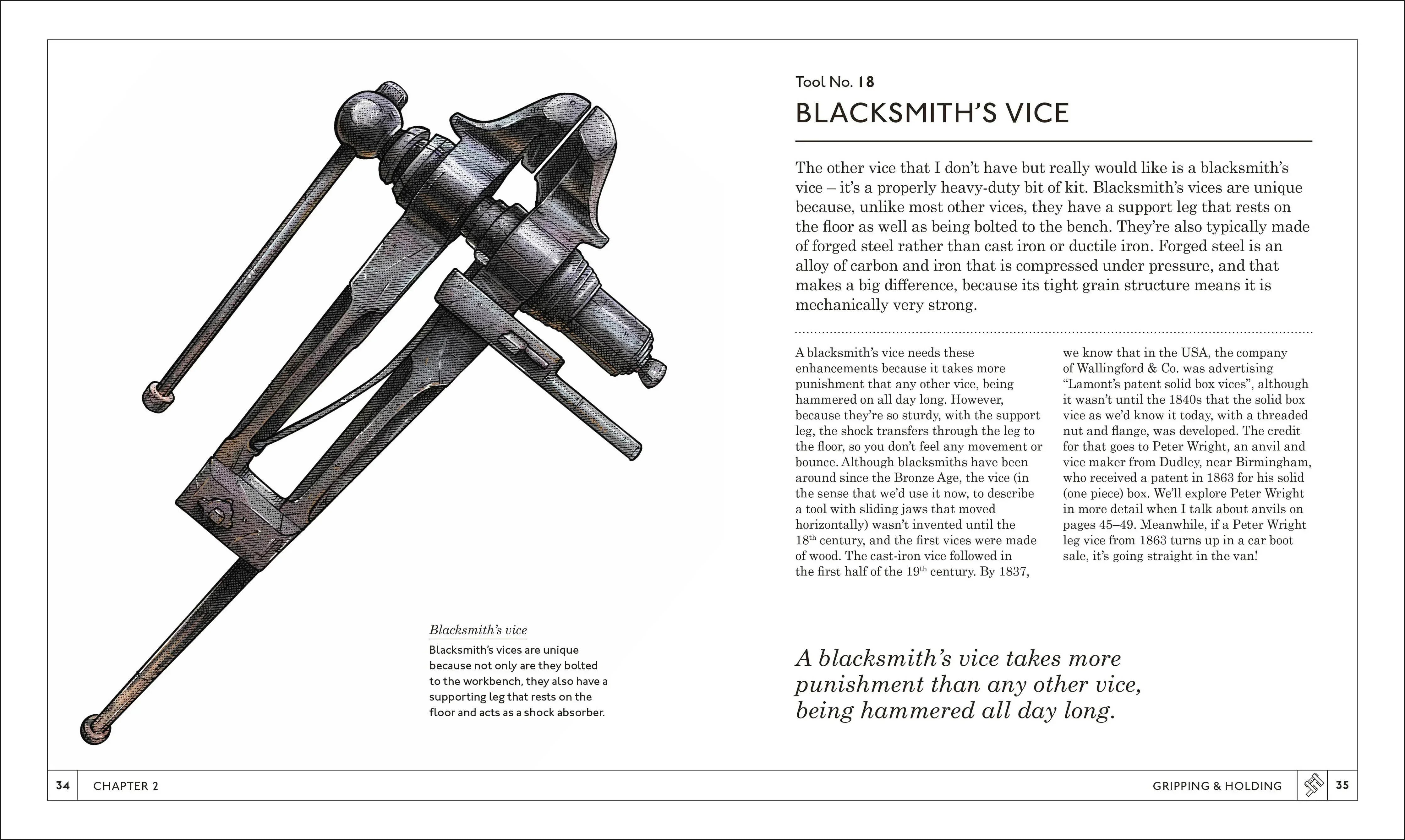 Blacksmith's vice on a white background with text about its use.