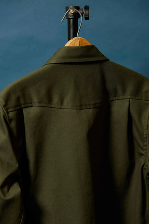 Bull Denim Shacket in Hunter Green Back