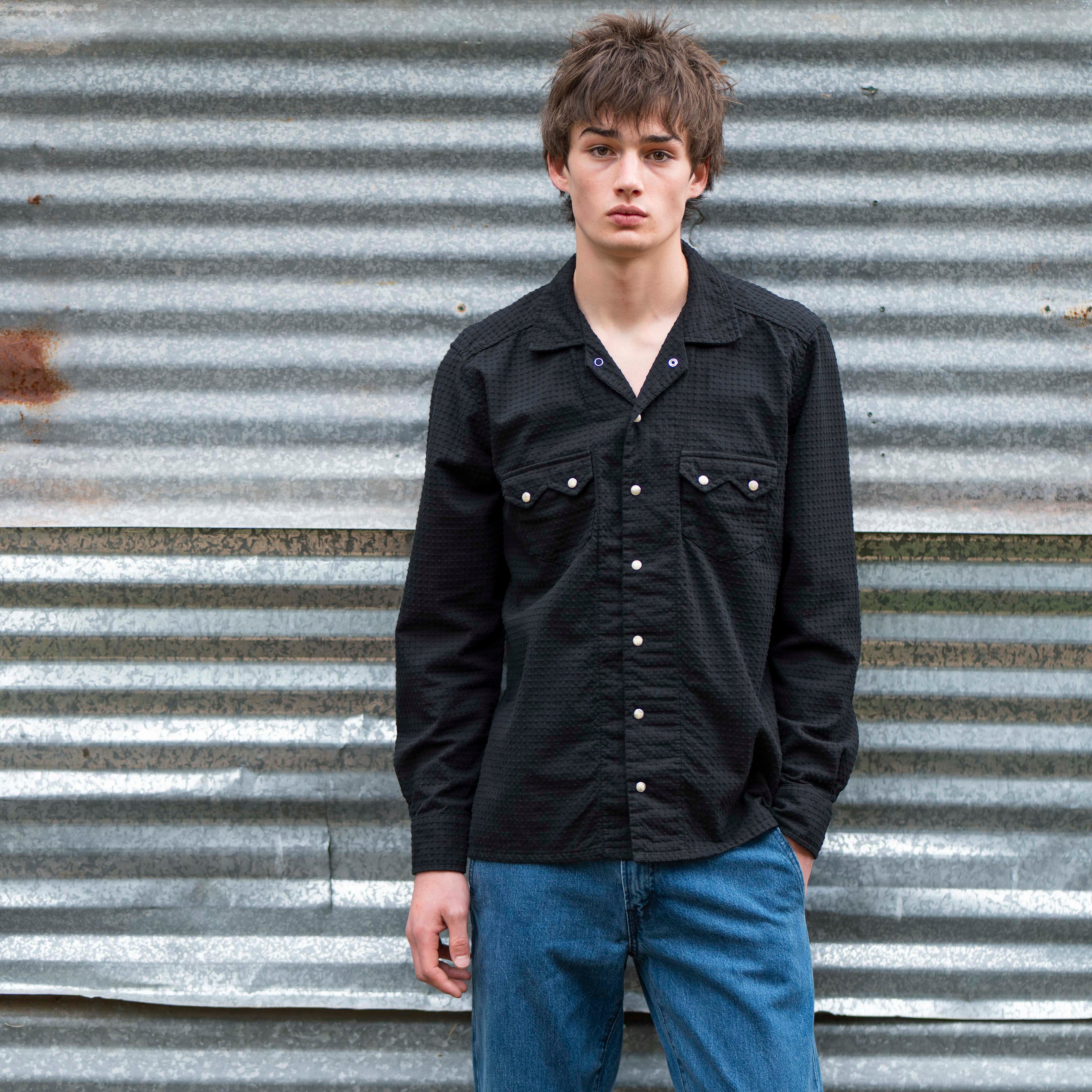 dobby dress shirt Black Japanese Dobby Open Collar Pearl Snap Shirt – Richter Goods