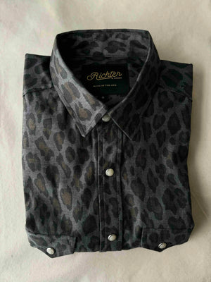 Japanese Denim in Printed Leopard folded front, pearl snap western shirt, animal print