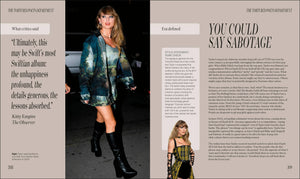Magazine layout withTaylor Swift in a patterned dress and boots, text on album review.