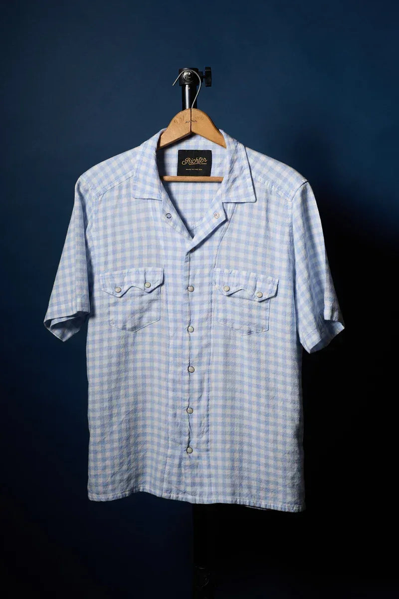 Merino Wool Pearl Snap shirt in Sky Blue & White Gingham