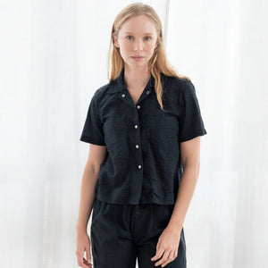 Model wearing Salado Seersucker in Midnight Black