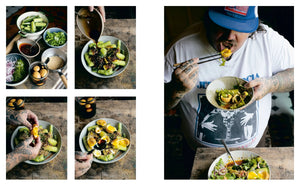 Collage of images showing a person preparing and eating a salad with various ingredients.