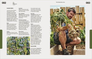 Page from a gardening book showing a person holding harvested onions with text on raised beds.