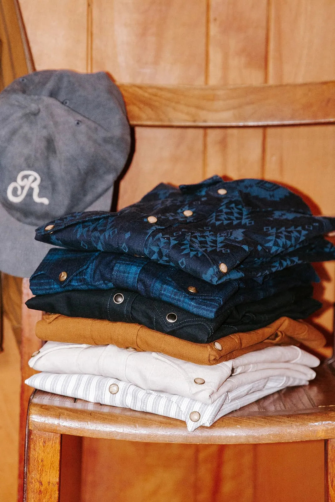Re-Richter shirts front, stacked pearl snap western shirts in various colors on chair