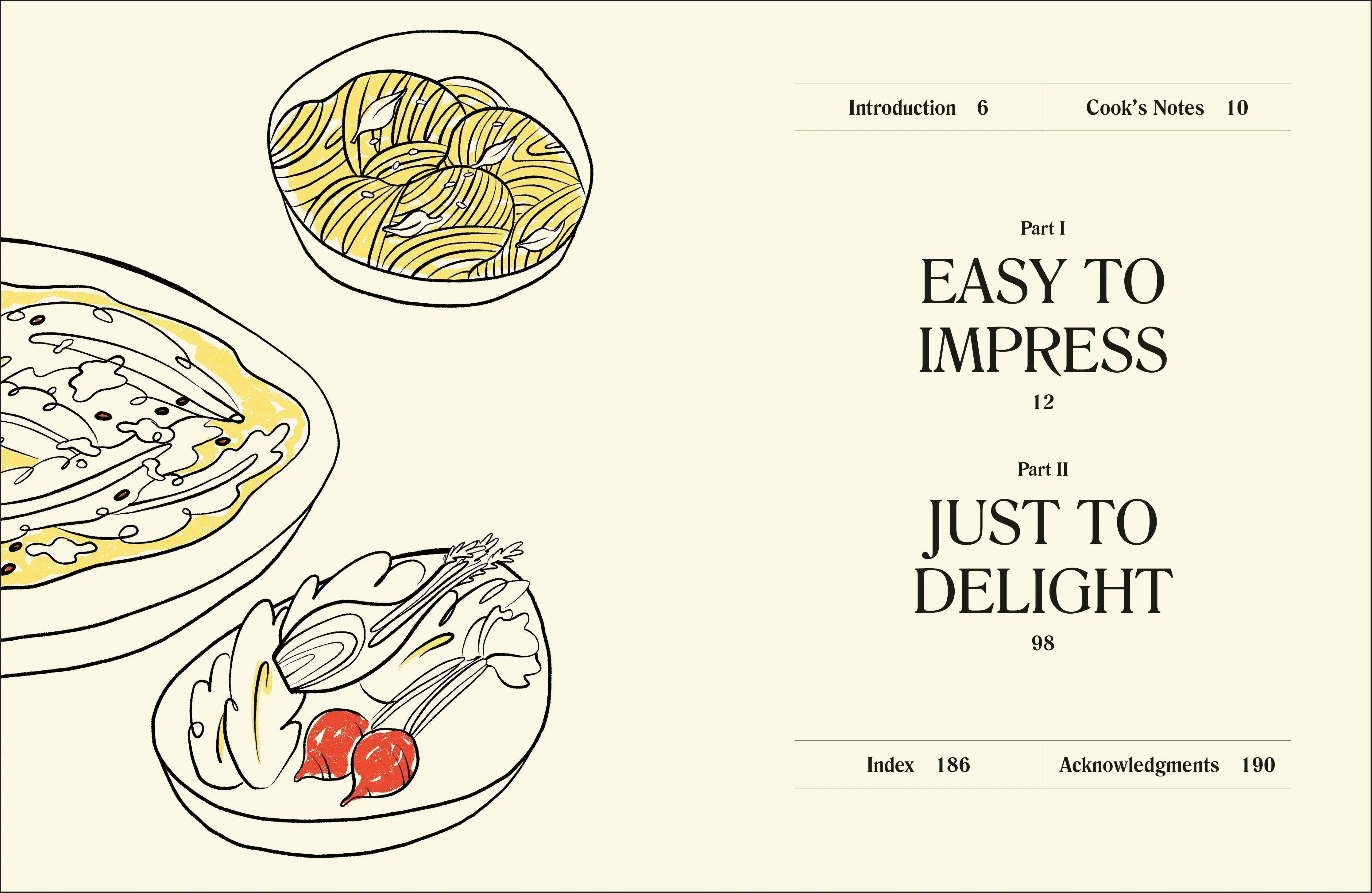 Book cover with illustrations of food and text on a beige background