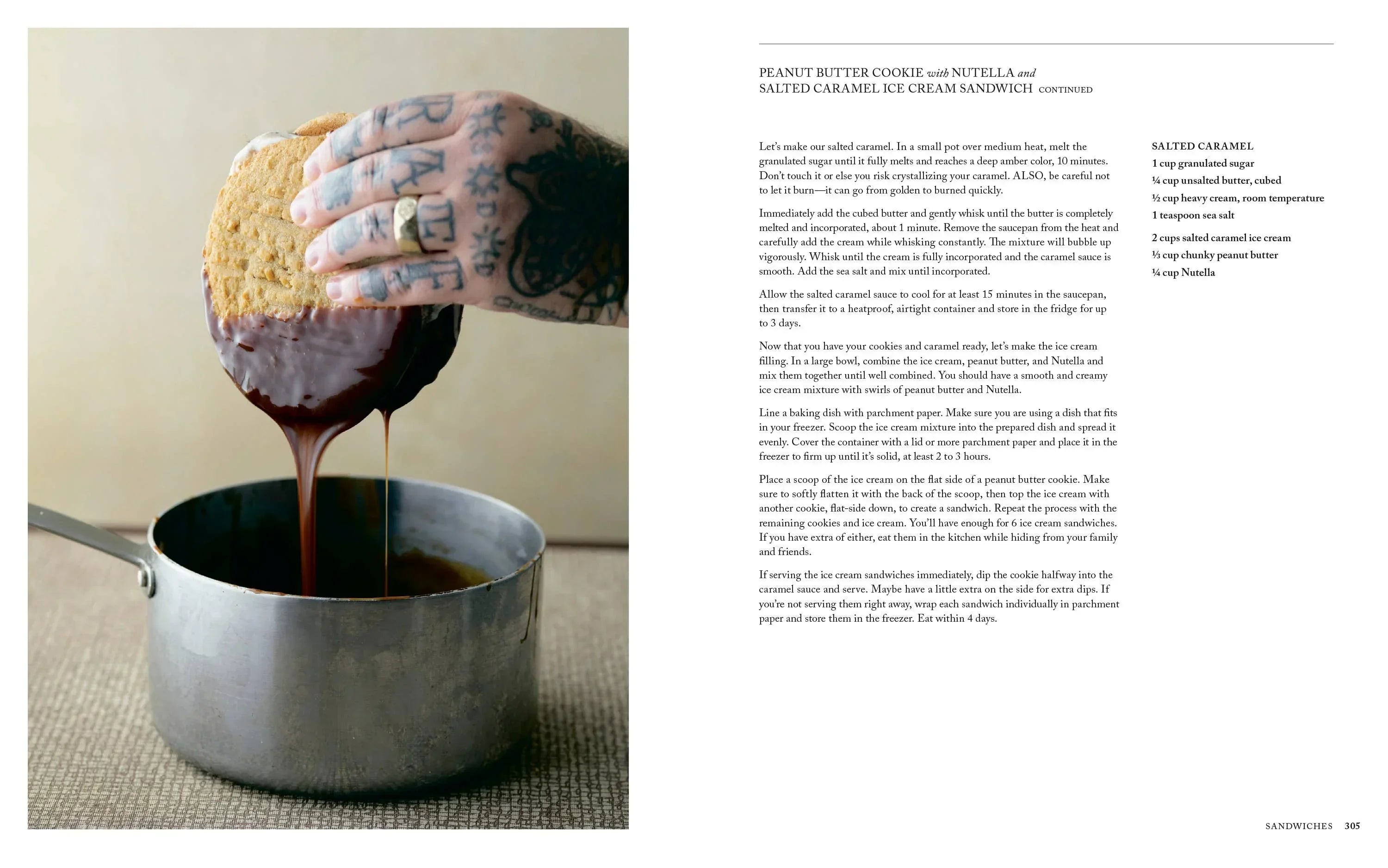 Hand with tattoo dipping a cookie into a pot of chocolate, with text on the right side.
