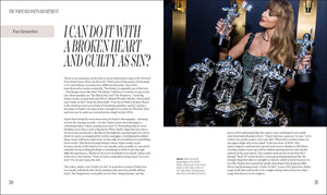 Taylor Swift holding multiple awards with text on a magazine layout