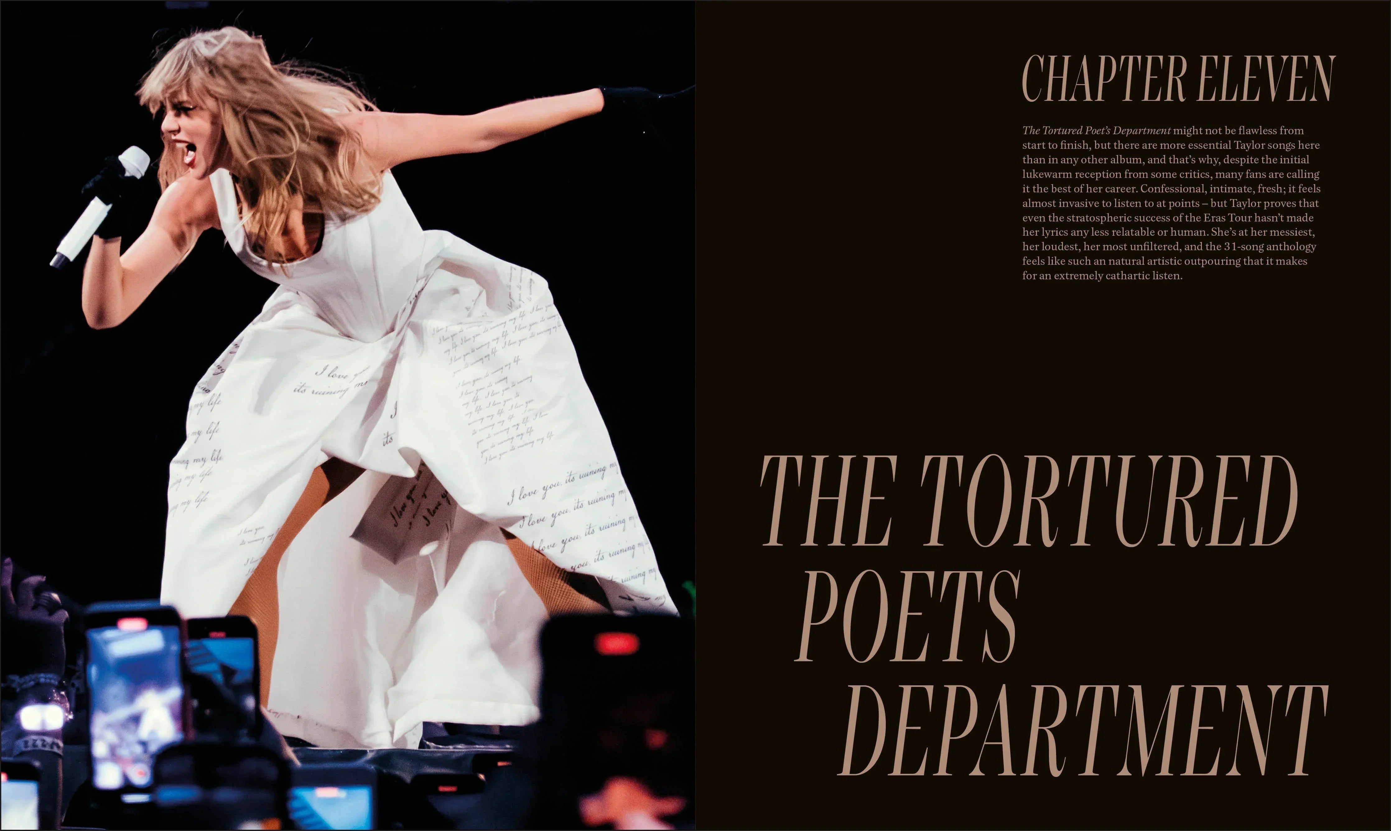 Taylor Swift in a white dress on stage with text 'The Tortured Poets Department' on a dark background