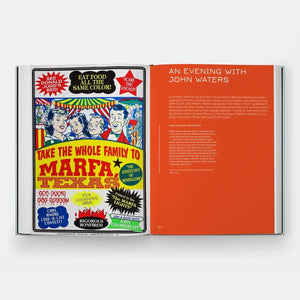 Open book showing colorful Marfa Texas pop art poster and 'An Evening with John Waters' text on right page