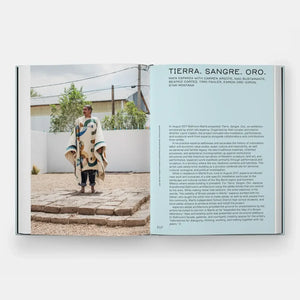 TIERRA. SANGRE. ORO. book open to front view of person in patterned poncho outdoors with text on right page