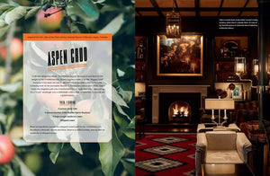 Aspen Crud recipe on apple tree background, elegant lounge with fireplace and western decor