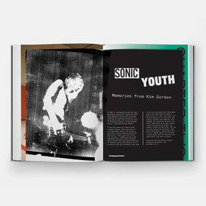 Open book featuring Sonic Youth Memories from Kim Gordon, black and white photo of guitarist