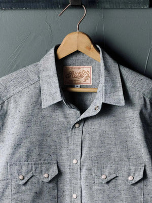 richter-longSleeve front gray western long sleeve pearl snap shirt close front view