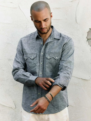 richter-longSleeve front, men's western long sleeve pearl snap shirt in grey, close view