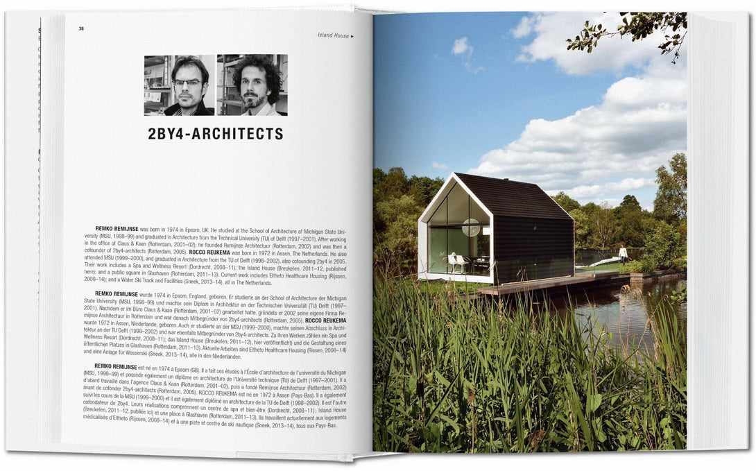 Open book showing 2BY4-Architects with a photograph of a modern house by a lake.