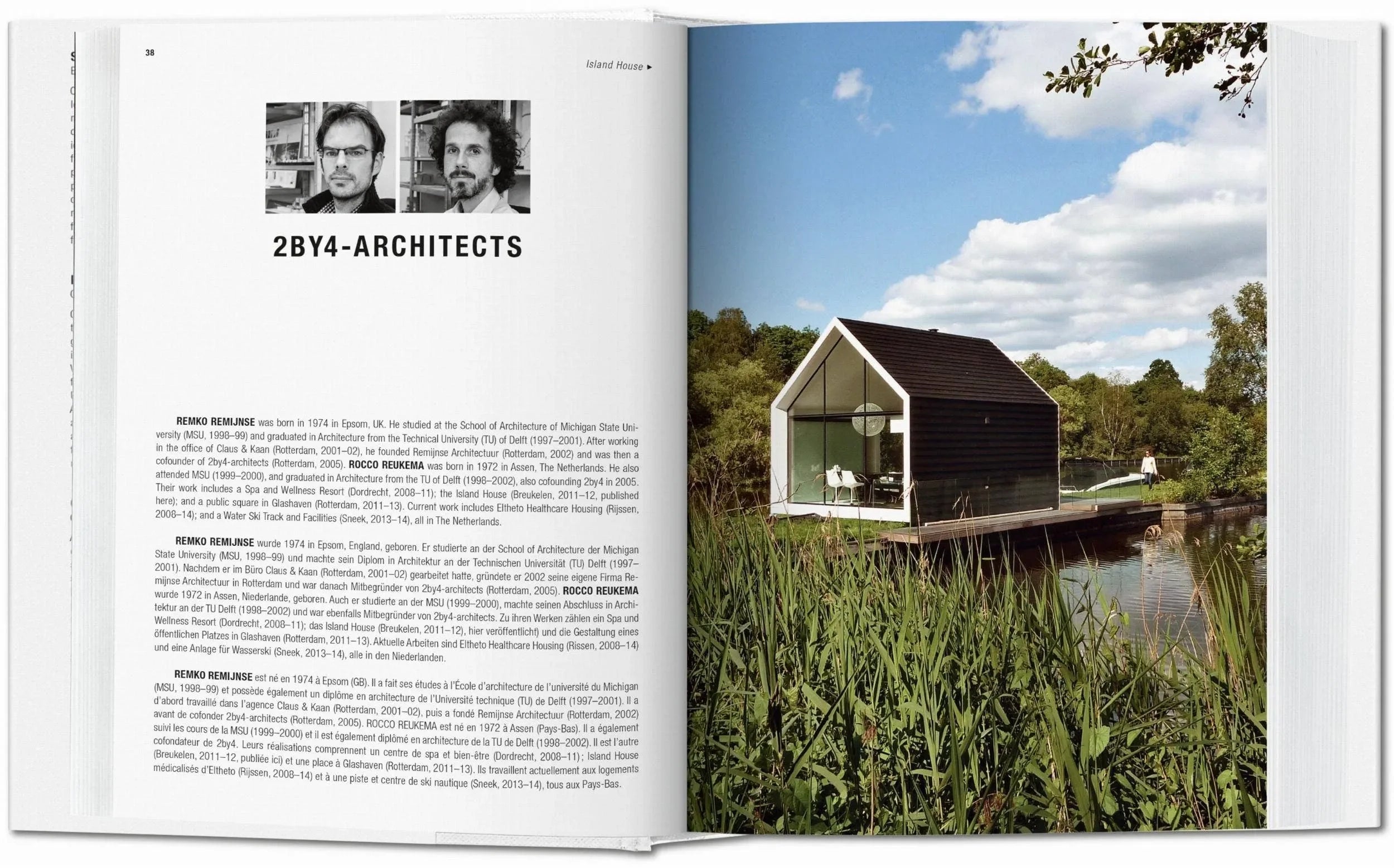 Open book showing 2BY4-Architects with a photograph of a modern house by a lake.