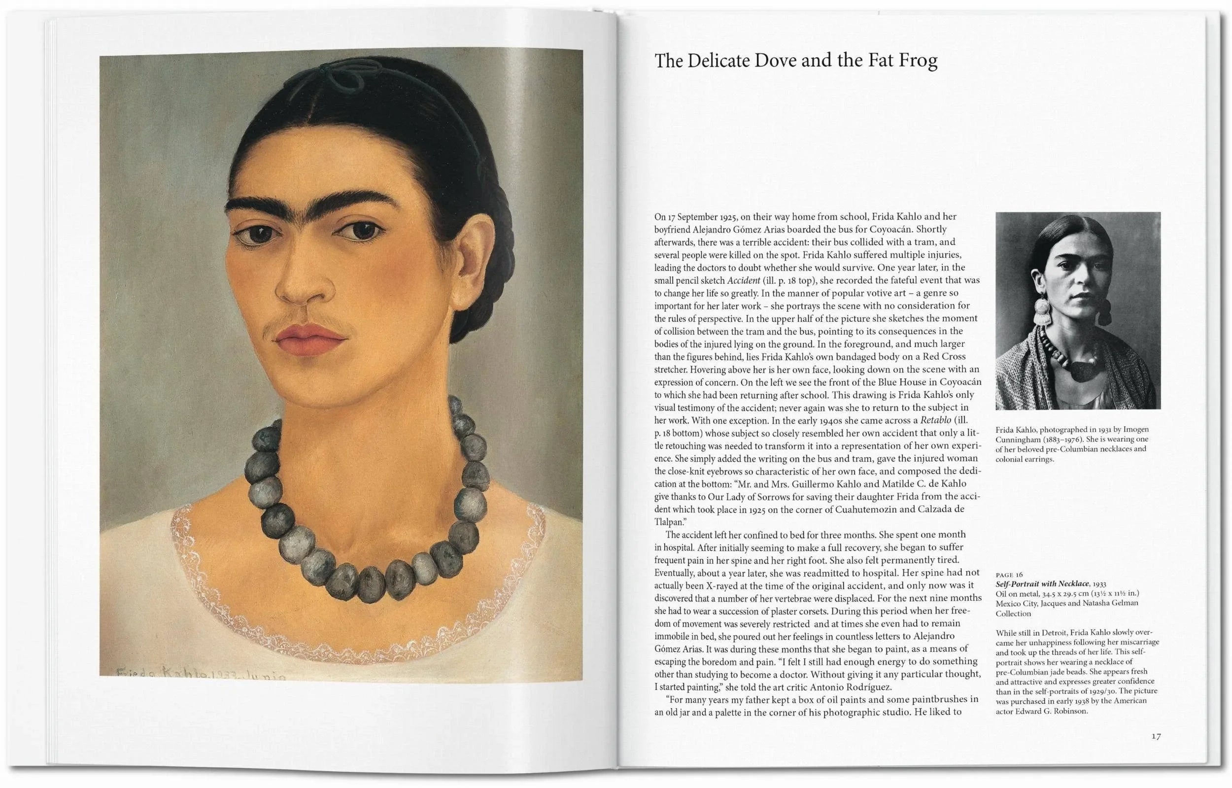 Open book featuring Frida Kahlo Self-Portrait with Necklace painting on left page and biographical text with black and white portrait on right page