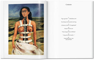 Book open to a contents page and a painting of a woman with a brace and exposed torso, surreal art