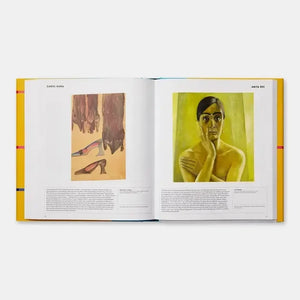 Open art book front view displaying paintings of high heels, hanging objects, and a woman portrait