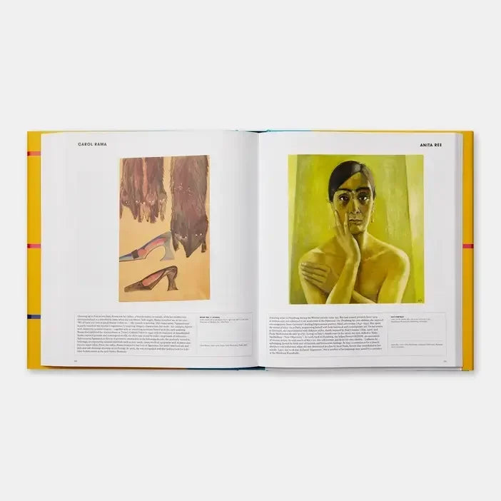 Open art book front view displaying paintings of high heels, hanging objects, and a woman portrait