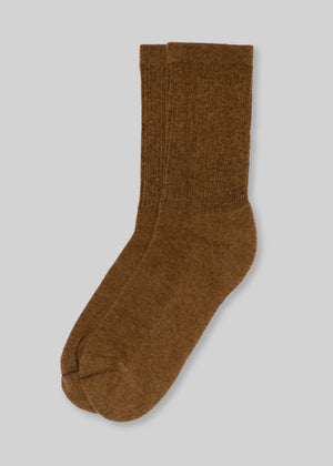 Brown wool crew socks front view on light gray background