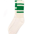 6d595cde3b1923a5c252248b69ec7049ecaa12ce6cd5119e2f0027a3f12c616a front: pair of white crew socks with green stripes