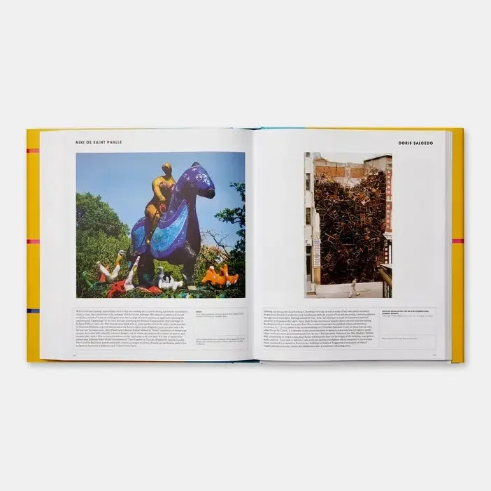 Open art book front showing colorful sculpture and chair installation photographs