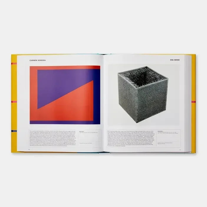 open art book showing abstract geometric painting and textured cube sculpture