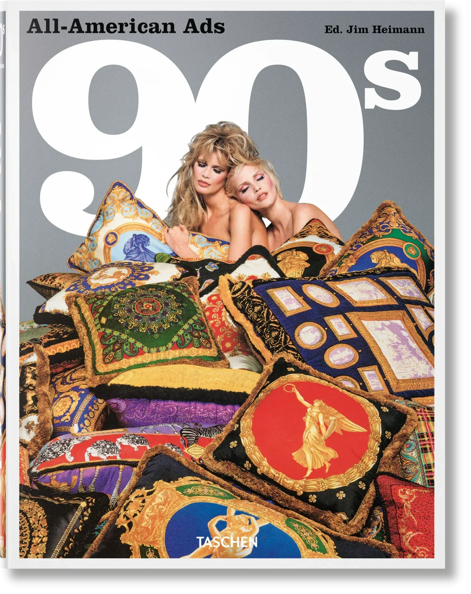 All-American Ads 90s book cover with two women leaning on colorful decorative pillows