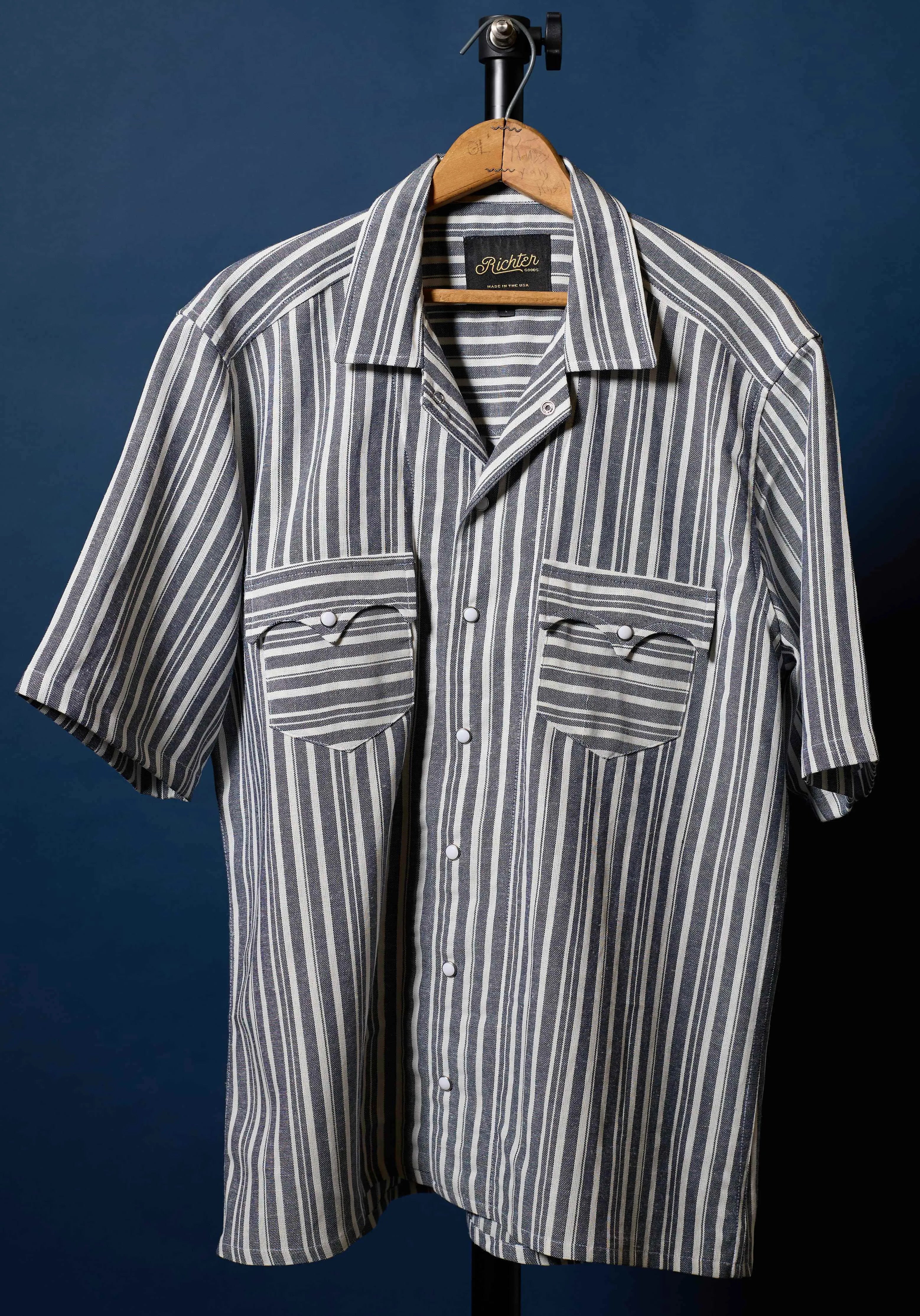 Blue & White Stripe Linen Pearl Snap Shirt | Richter Goods