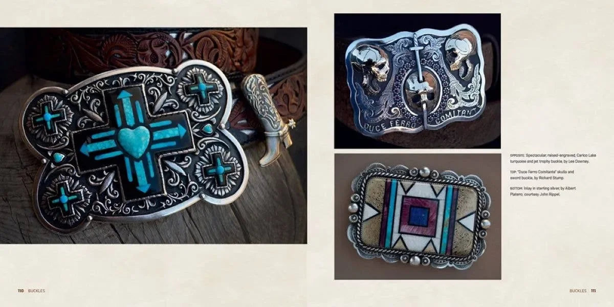 Collection of belt buckles with intricate designs on a textured surface.