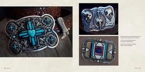 Collection of belt buckles with intricate designs on a textured surface.