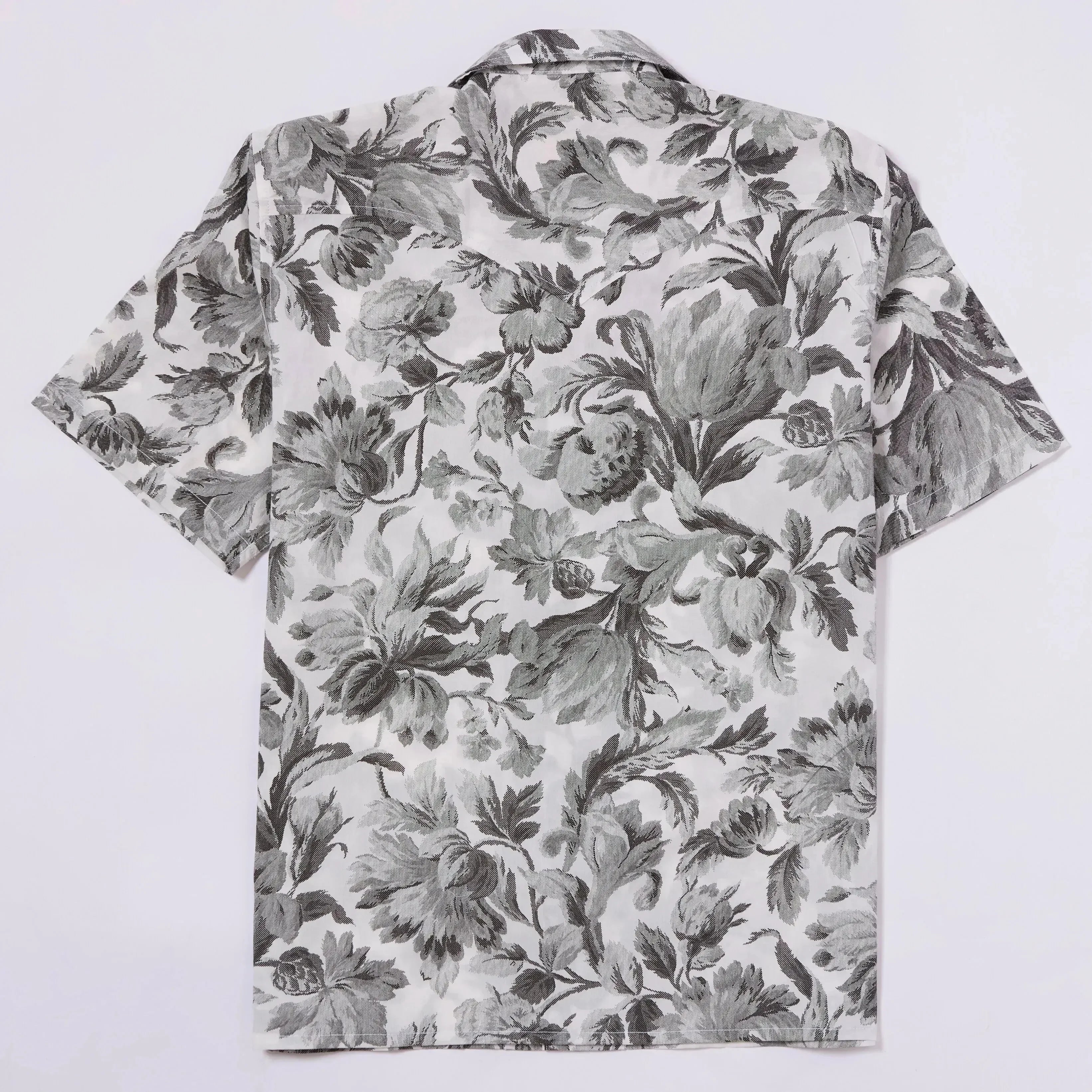 Black White Floral Jacquard Back, short sleeve western shirt back view, floral pattern