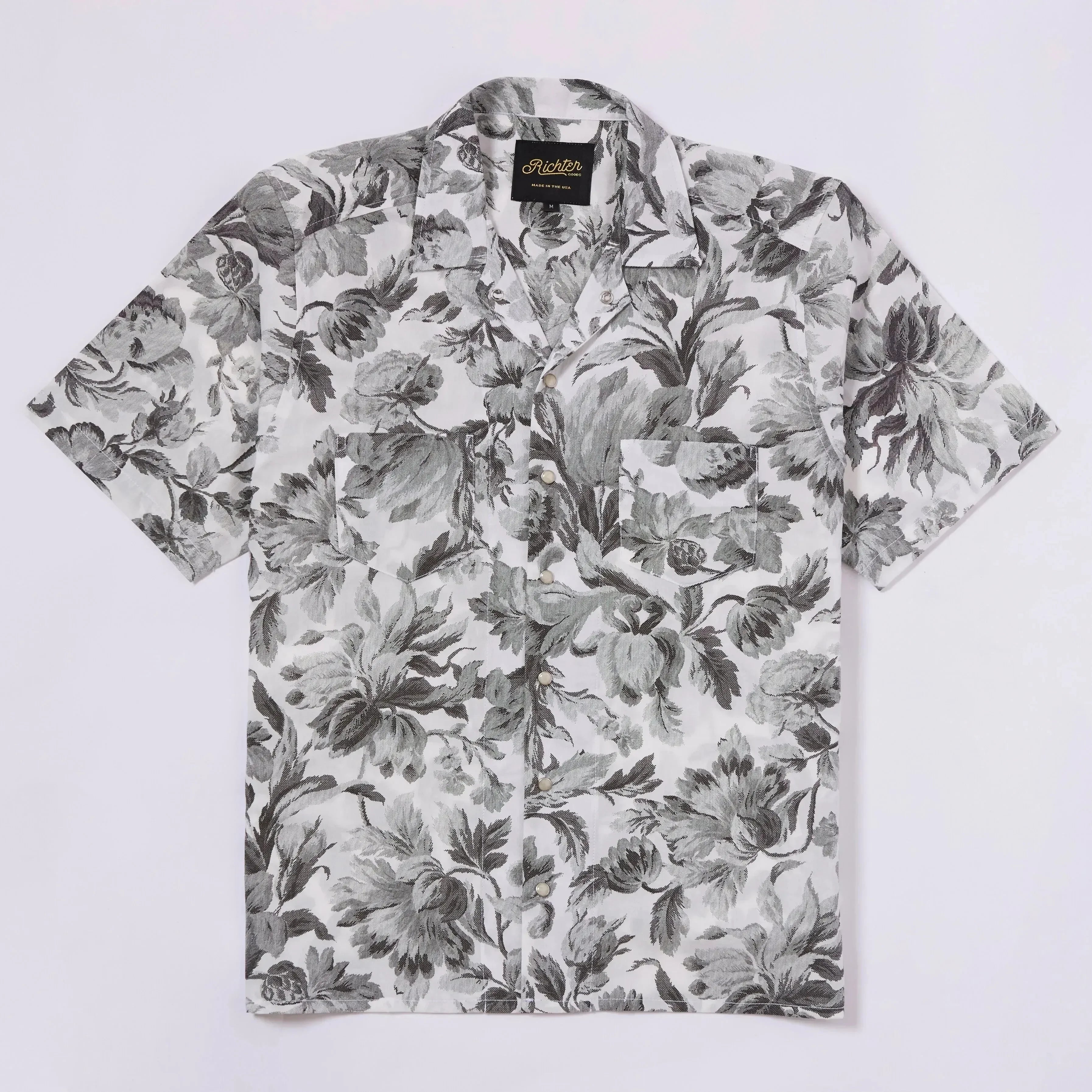 Black White Floral Jacquard Front short sleeve western shirt with pearl snaps