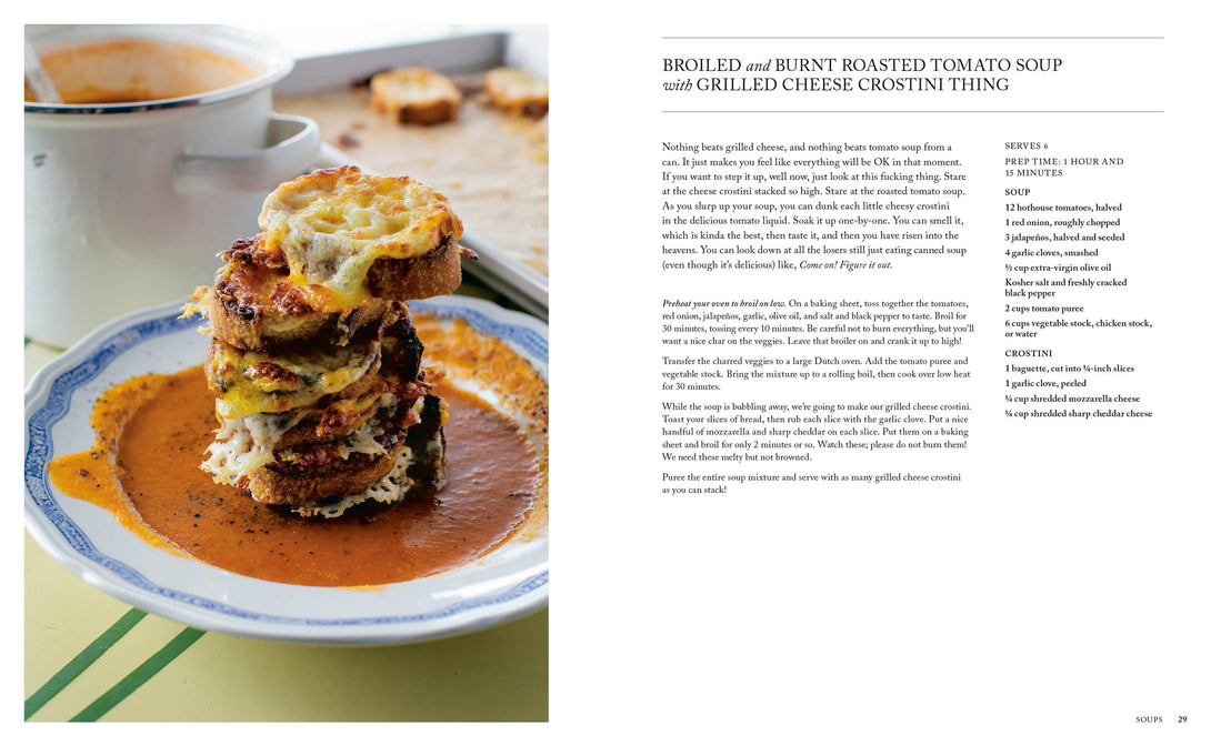 Stack of grilled cheese crostini on a plate with tomato soup, next to a recipe description.