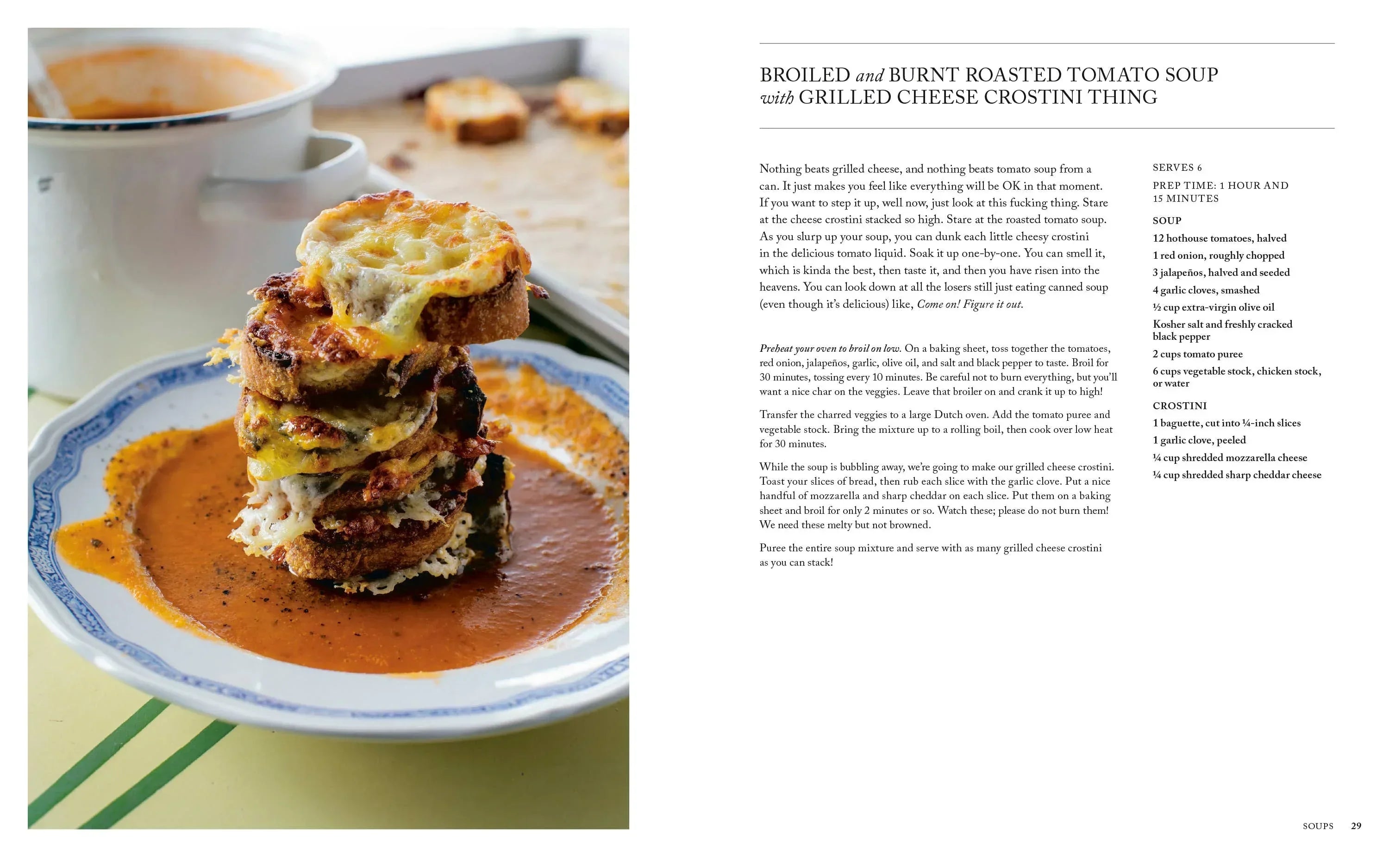 Stack of grilled cheese crostini on a plate with tomato soup, next to a recipe description.