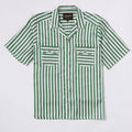 C7659F18-9E34-498D-B9DE-7A838ED32B61 front green and white striped western pearl snap short sleeve shirt