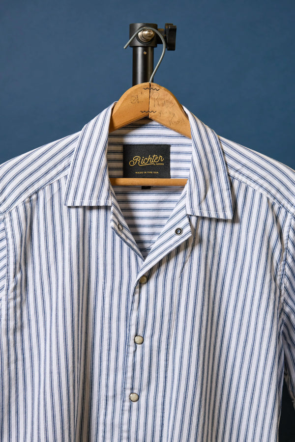 Cabana Boy in Blue and White Santa Fe Ticking Stripe Front