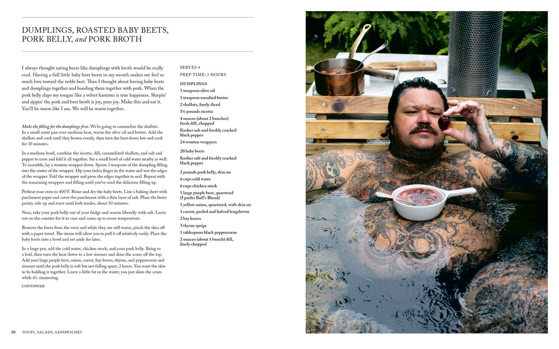 Person sitting in a hot tub with a bowl of soup, surrounded by nature.