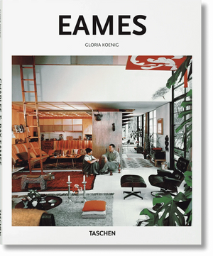 Book cover of 'Eames' by Gloria Koenig with images of a modern interior design.