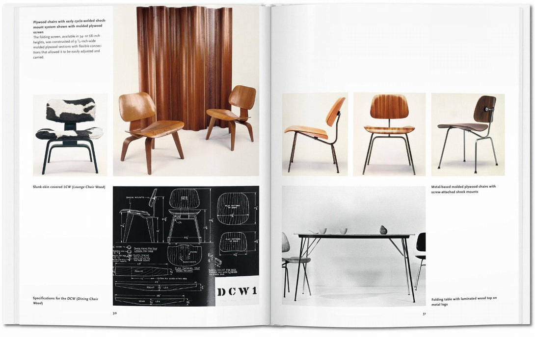 Open book showing images of chairs and a table with technical drawings on a white background