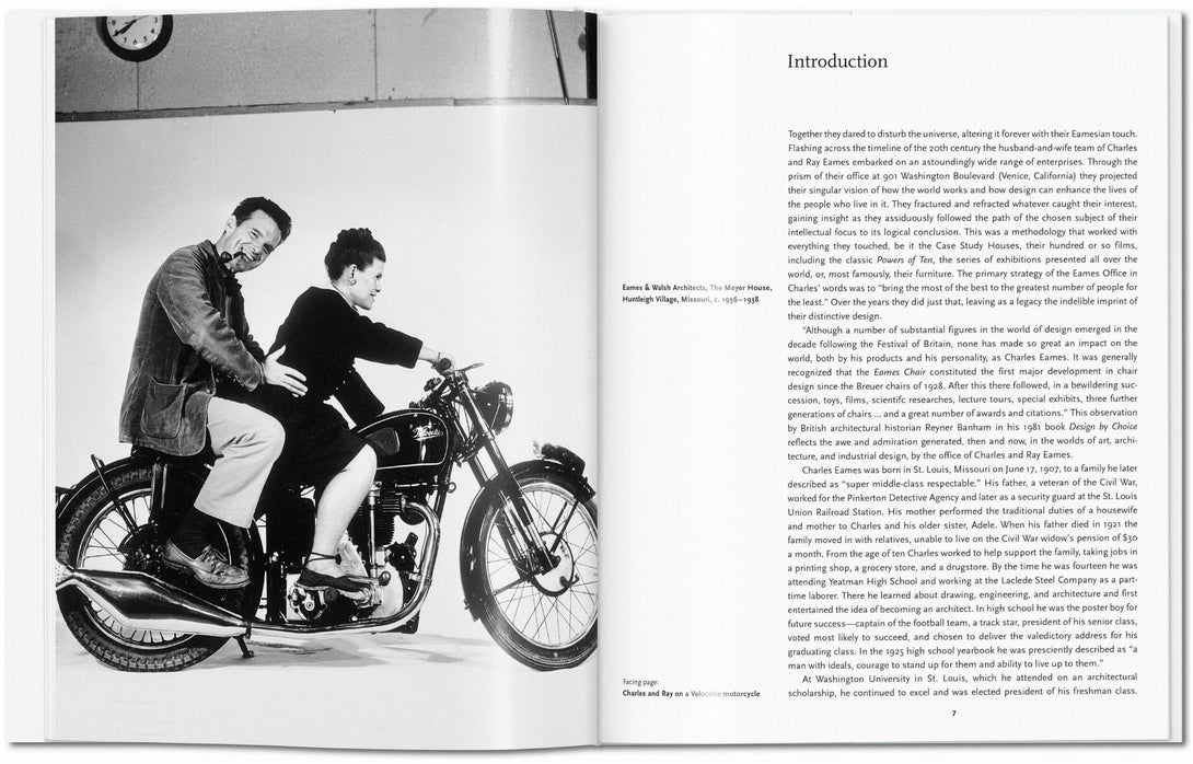 Open book showing a black and white photograph of two people on a motorcycle with text on the right.
