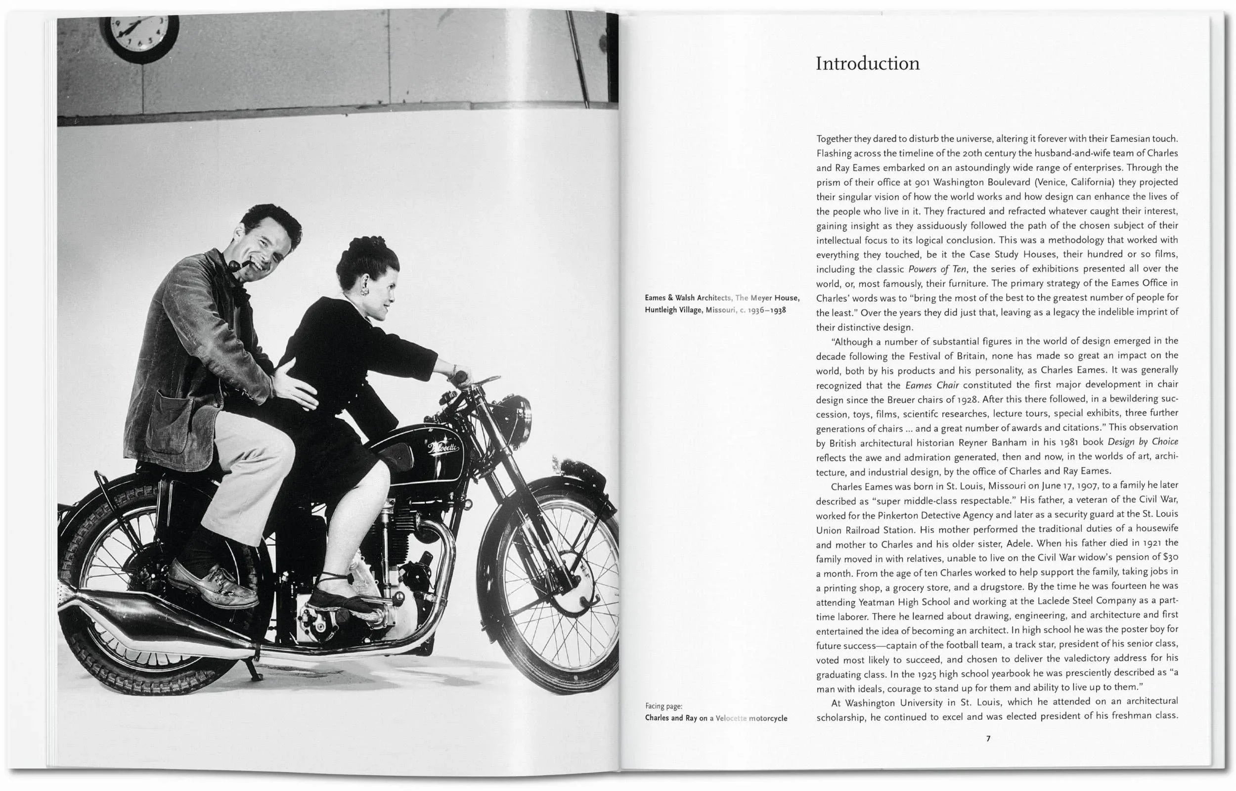 Open book showing a black and white photograph of two people on a motorcycle with text on the right.